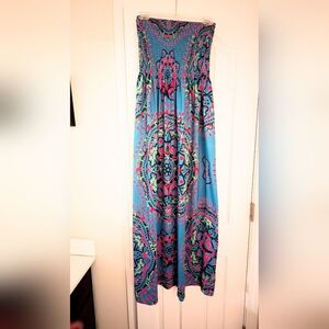 Vibrant Blue and Pink Maxi Strapless Dress.